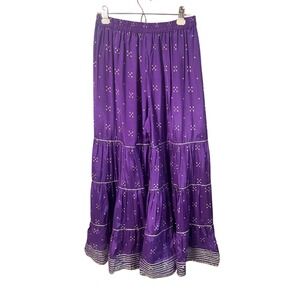 Purple Bandhani Print Sharara Pants Silver Gota Patti Tiered Wide Leg Size 42